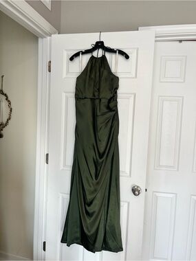 David's Bridal Galina Signature Martini Olive Green Halter Satin Evening Gown